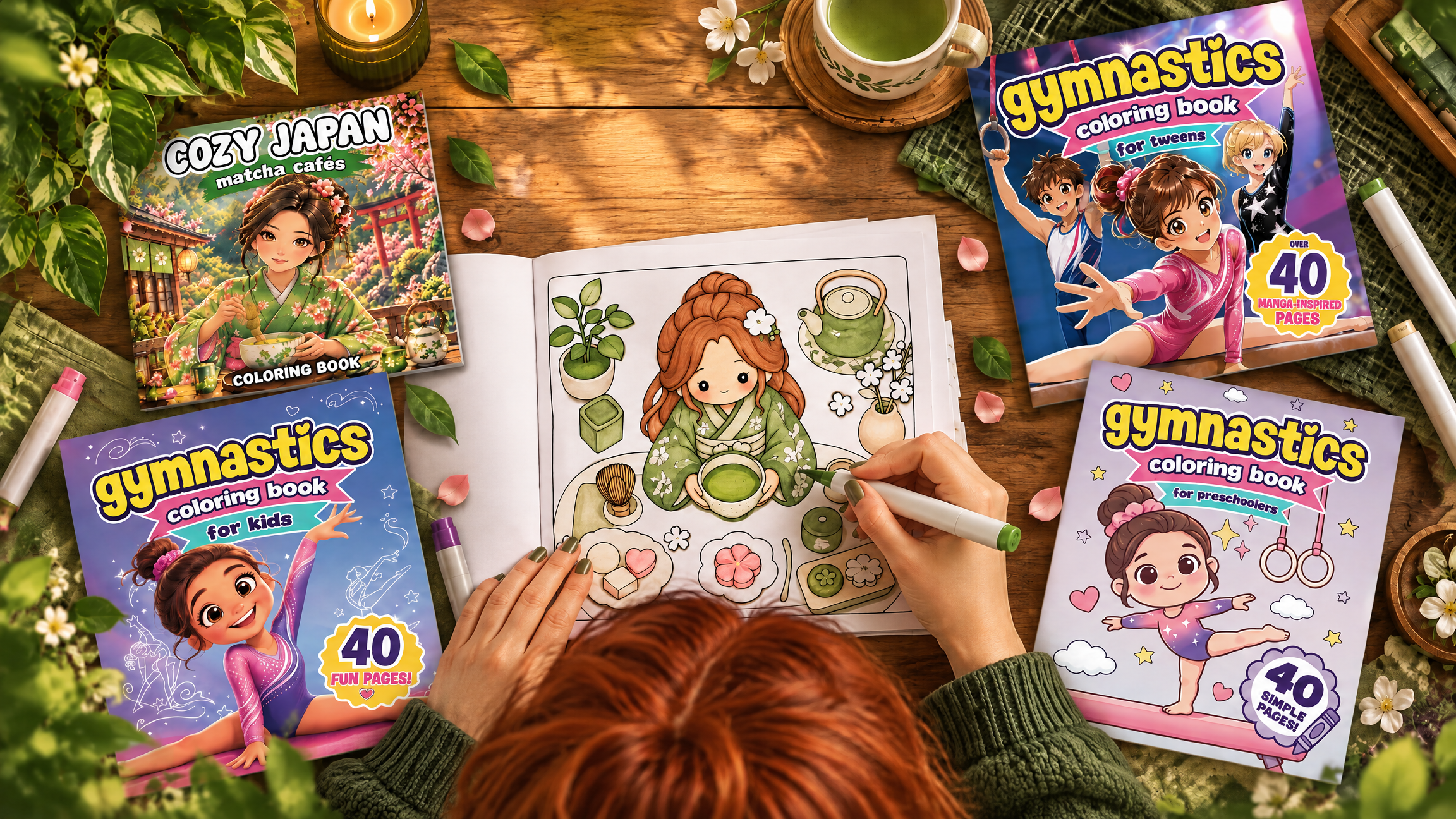 Just Forest Studio coloring books on a wooden table