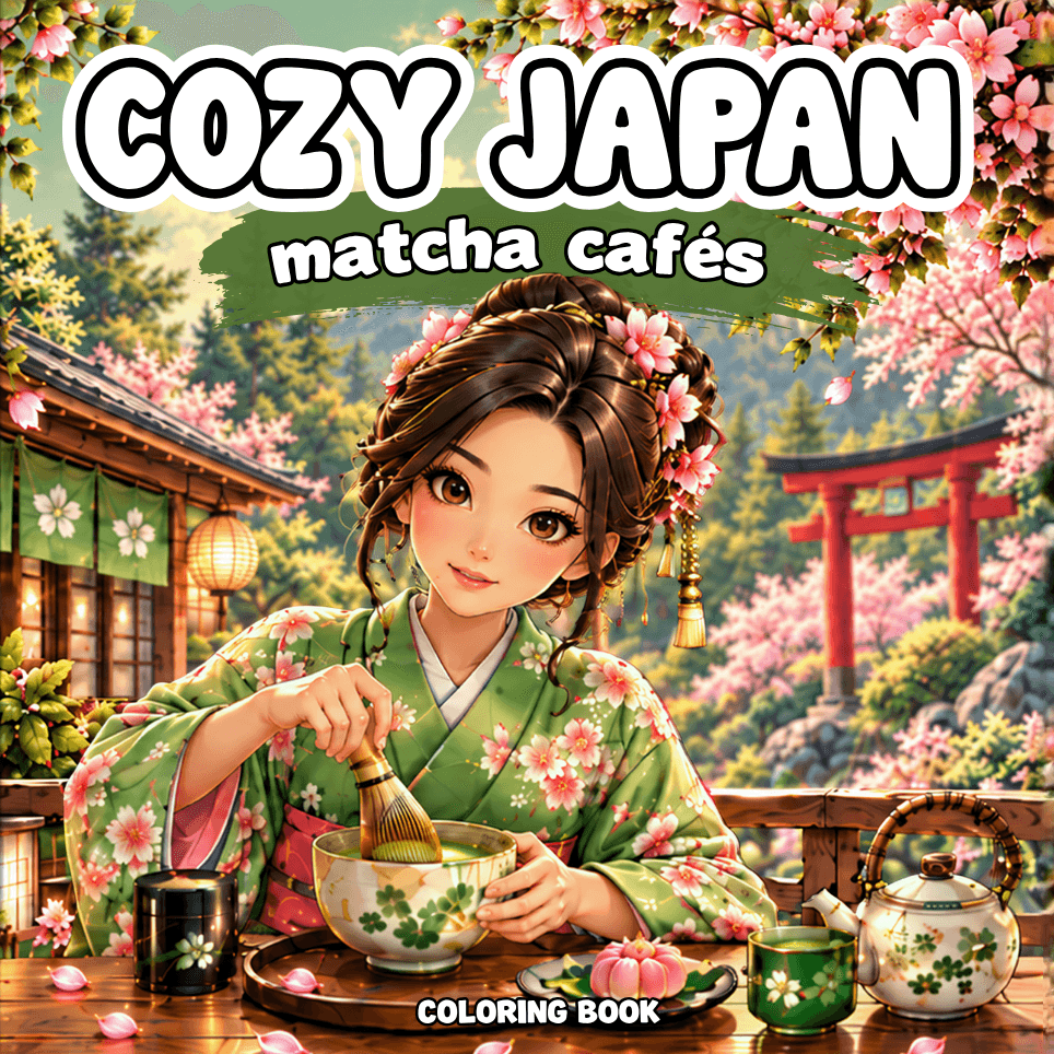 Cozy Japan: Matcha Cafes Coloring Book cover